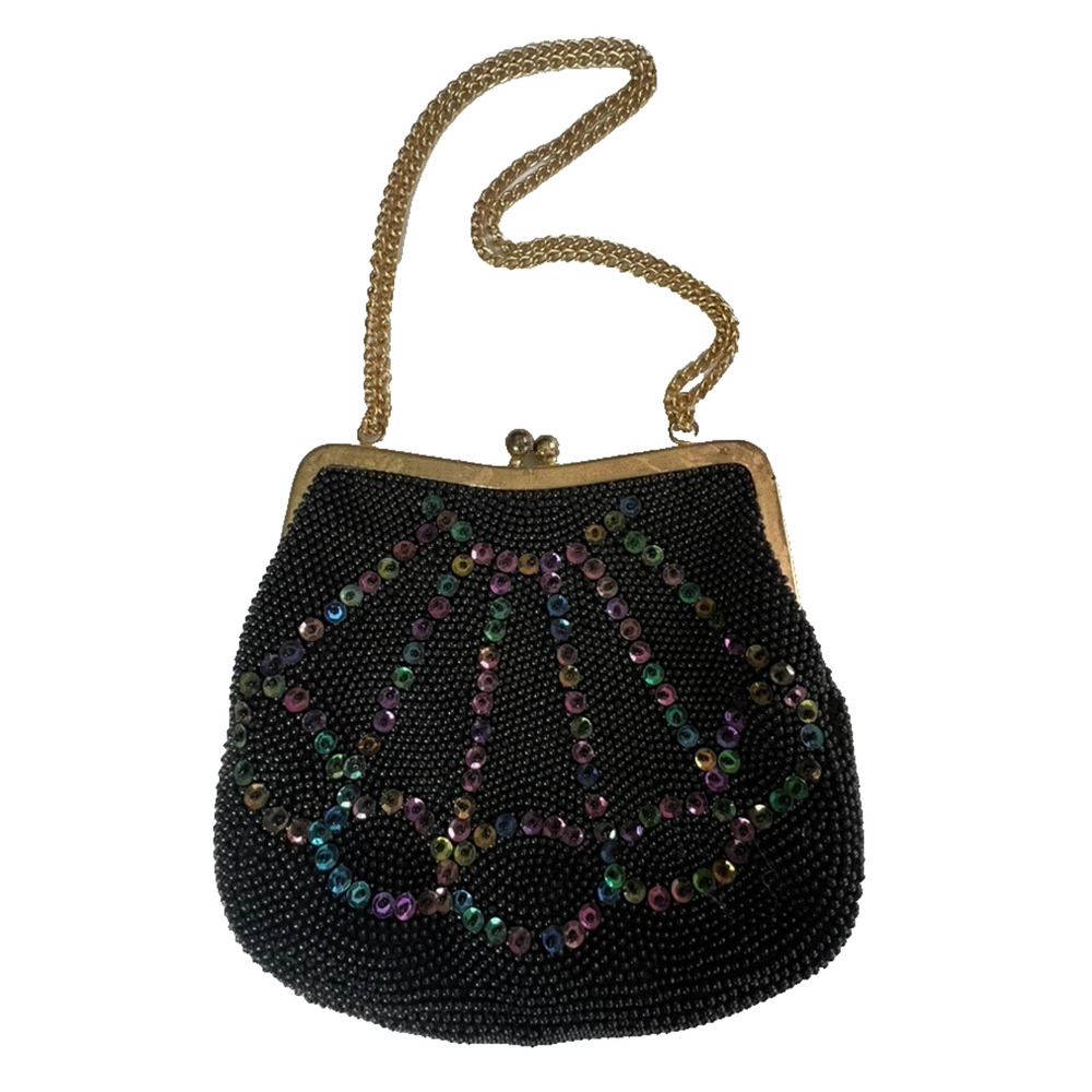 Vintage Purse Women's Beaded Sequined Black Evening Bag
